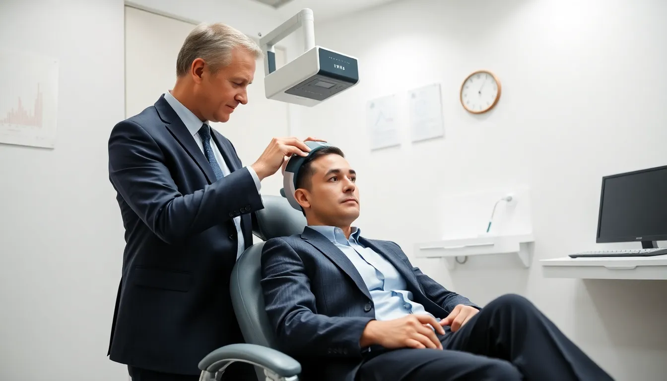 clinician administering tms therapy to patient in a bright medical clinic
