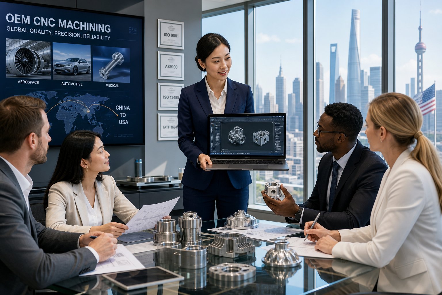 business team reviewing cnc machining designs in a modern office