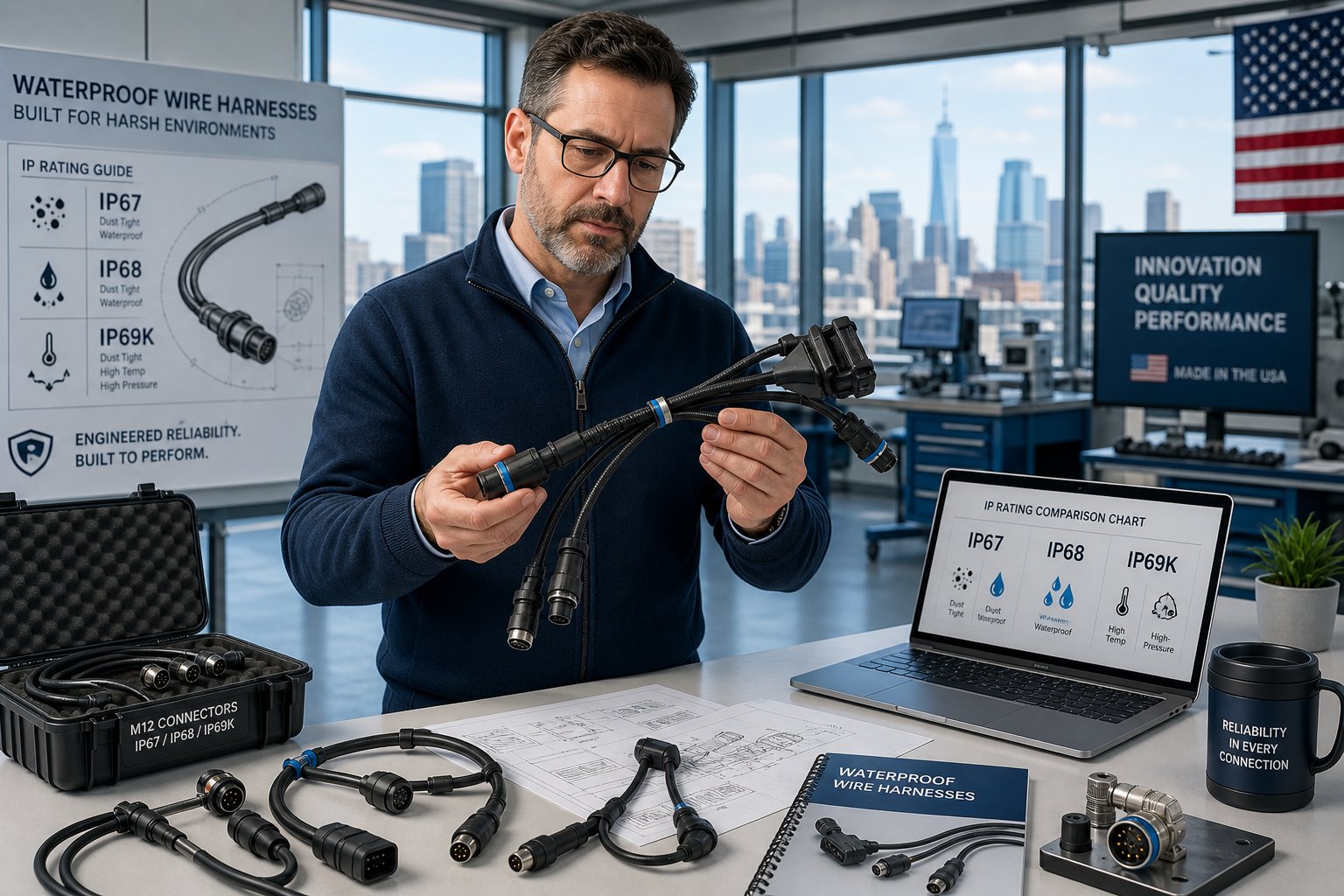 engineer inspects waterproof wire harness in modern industrial workspace