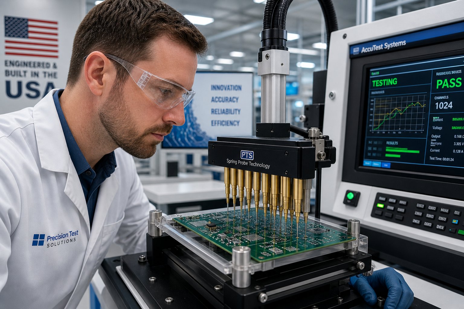 engineer testing pcb with gold plated spring test probes in modern lab