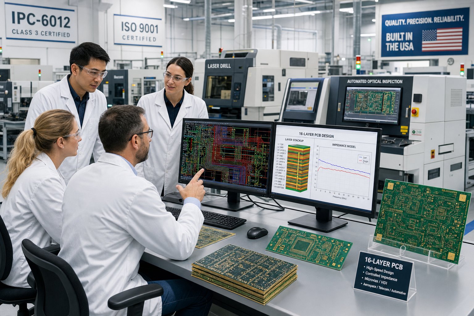 engineers collaborating in a modern facility on complex 16 layer pcb designs