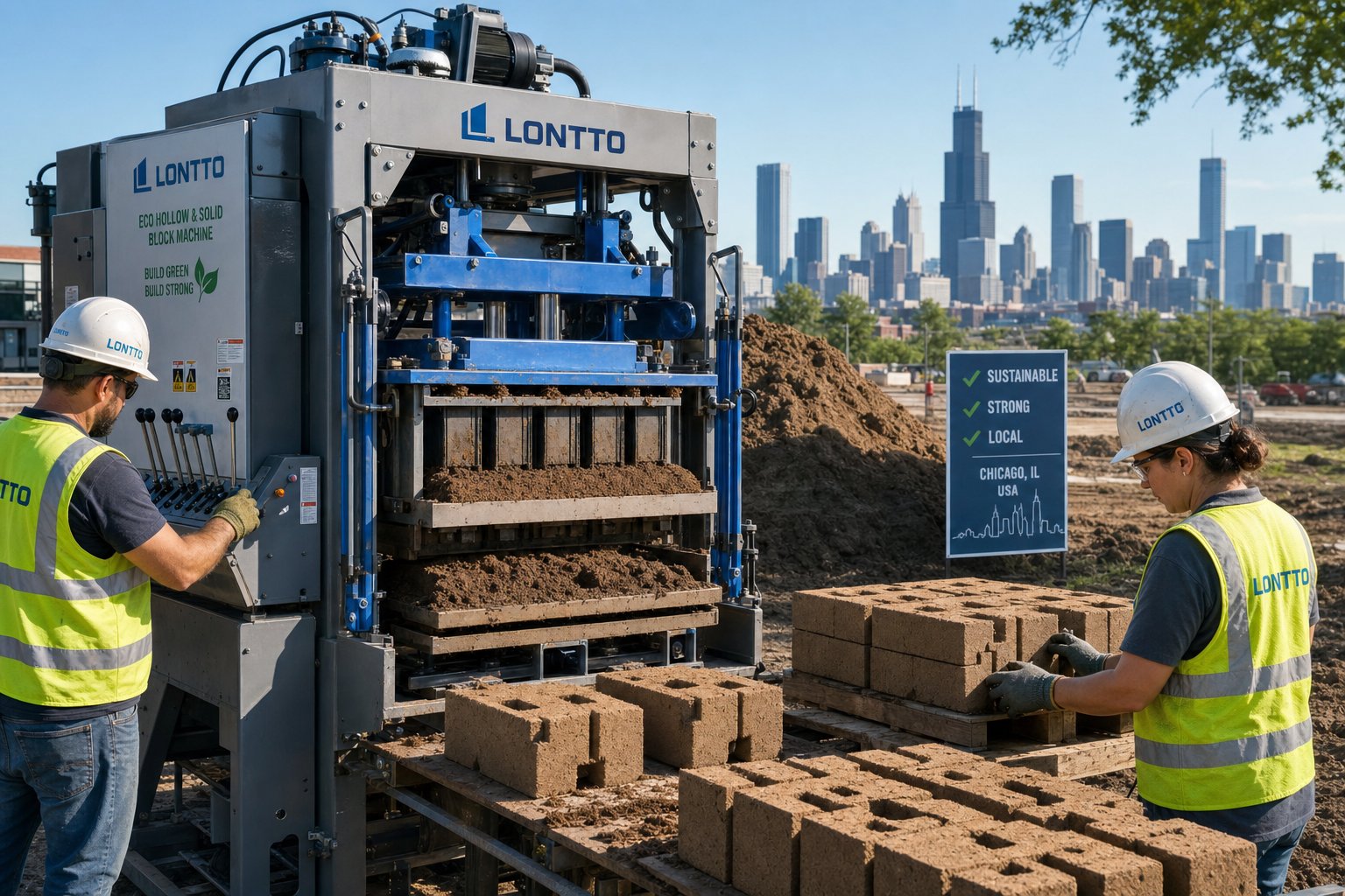 lontto compressed earth block machine producing blocks on a us construction site