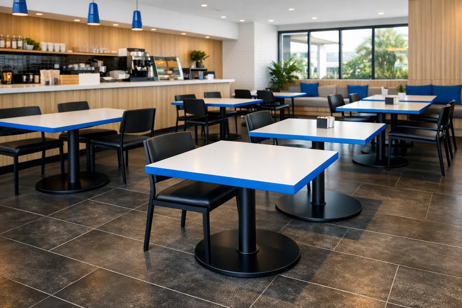 modern cafe interior with sleek pedestal table bases and blue accents