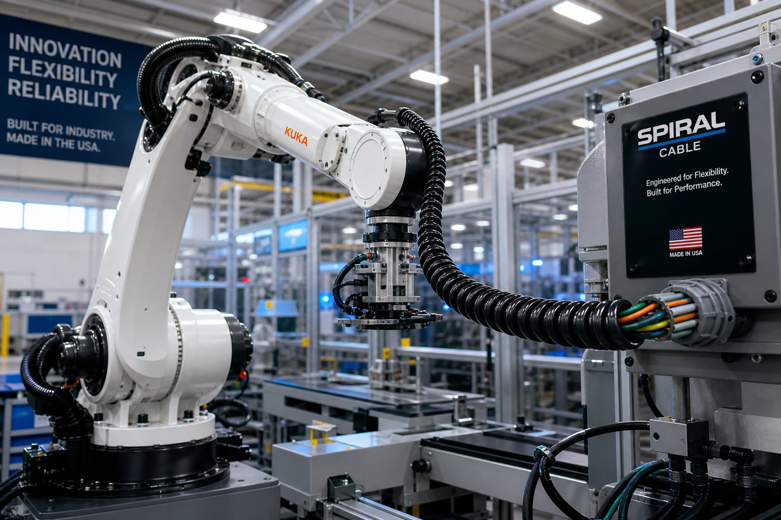 spiral cable assembly connected to robotic arm in modern factory